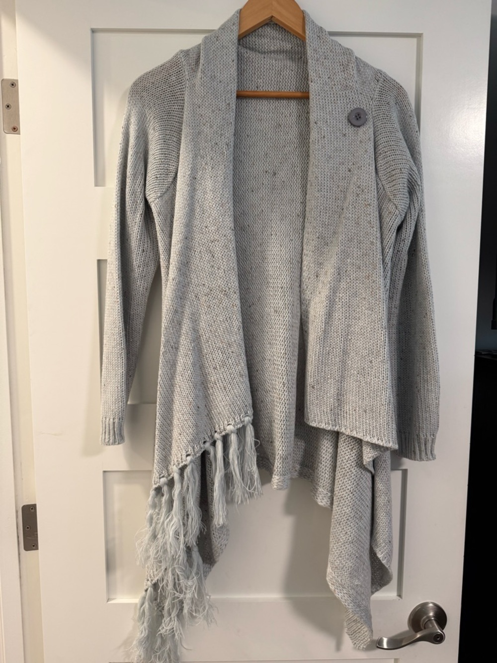 Light Gray-Blue Fringe Open Front Women's Sweater Cardigan